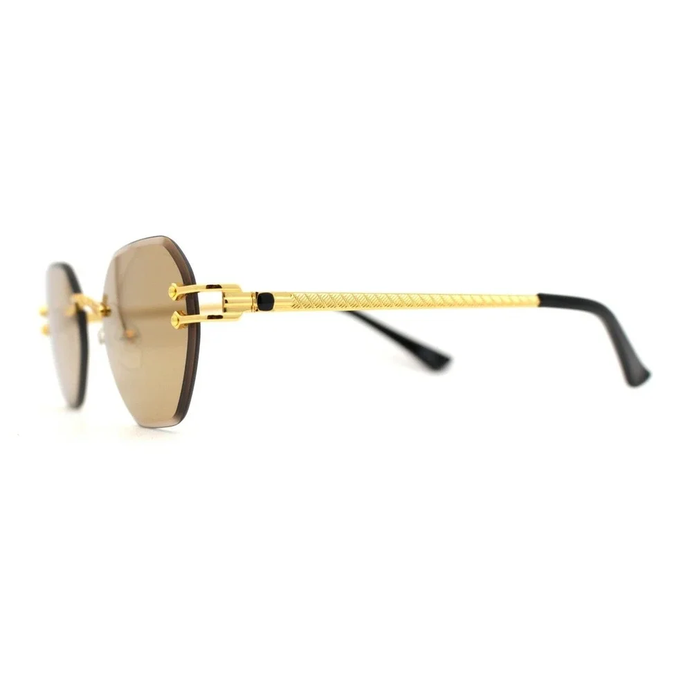 Mens Rimless Diamond CutvSunglasses Gold Metal Frame Gold Reflective Lens Lentes
